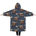 thumbnail image 2 of Oversized Wearable Blanket Hoodie,Blue Highland Cow Flower Pattern Sherpa Blanket Hoodie with Super Pockets,Super Warm Fuzzy Pullover for Women & Men, 2 of 6