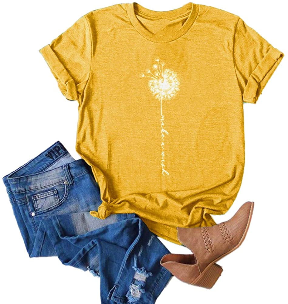 Ybenlow Women Cute Make A Wish Dandelion Printed Tee Shirts Summer