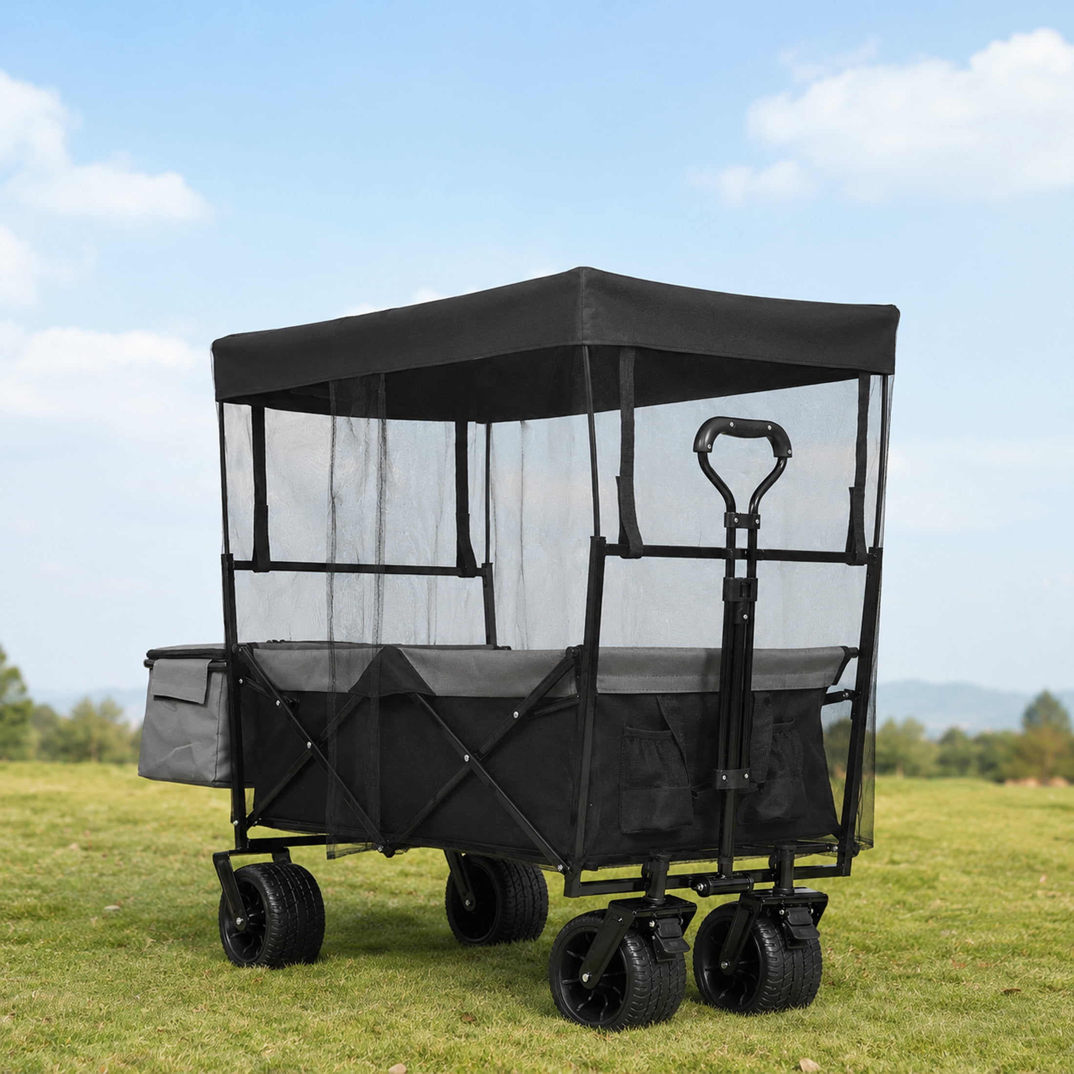 Heavy Duty Folding Wagon with Canopy, 480 lbs Collapsible Wagon Stroller with Mosquito Net, 7"x4" All-Terrain Wheels for Camping, Garden, Black