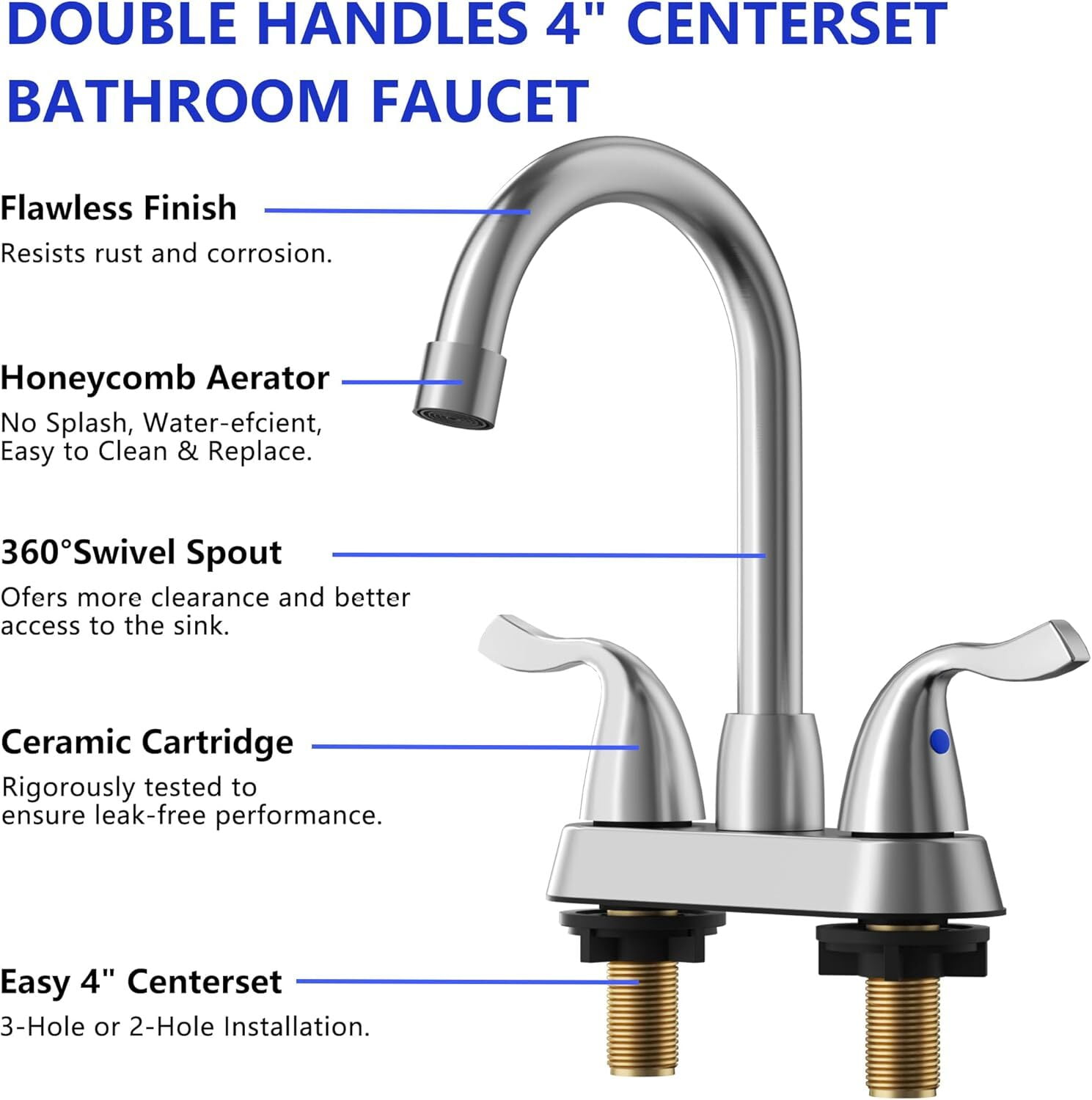 Bathroom Sink Faucet, 2 Handle Bathroom Faucet 4 Inch Centerset Bathroom Faucet 2 or 3 Hole Vanity Sink Faucet, Faucet Bathroom with Pop-up Drain and Supply Lines (Brushed Nickel)