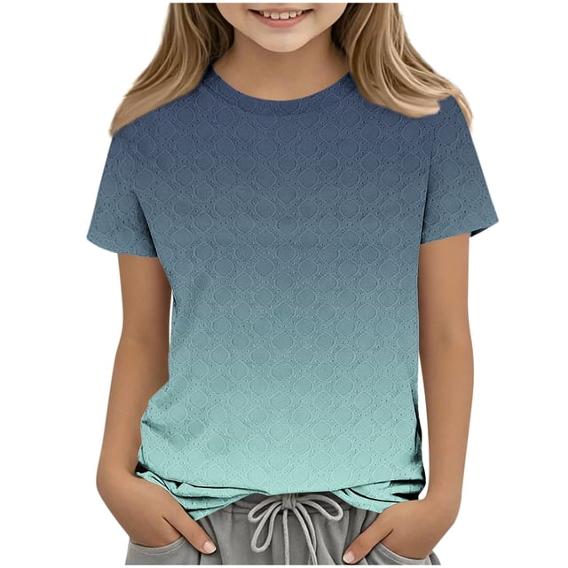 Zpanxa T Shirts for Girls Solid Color Round Neck Loose Fit Print Pattern Top Polyester Spandex 4-5 Years
