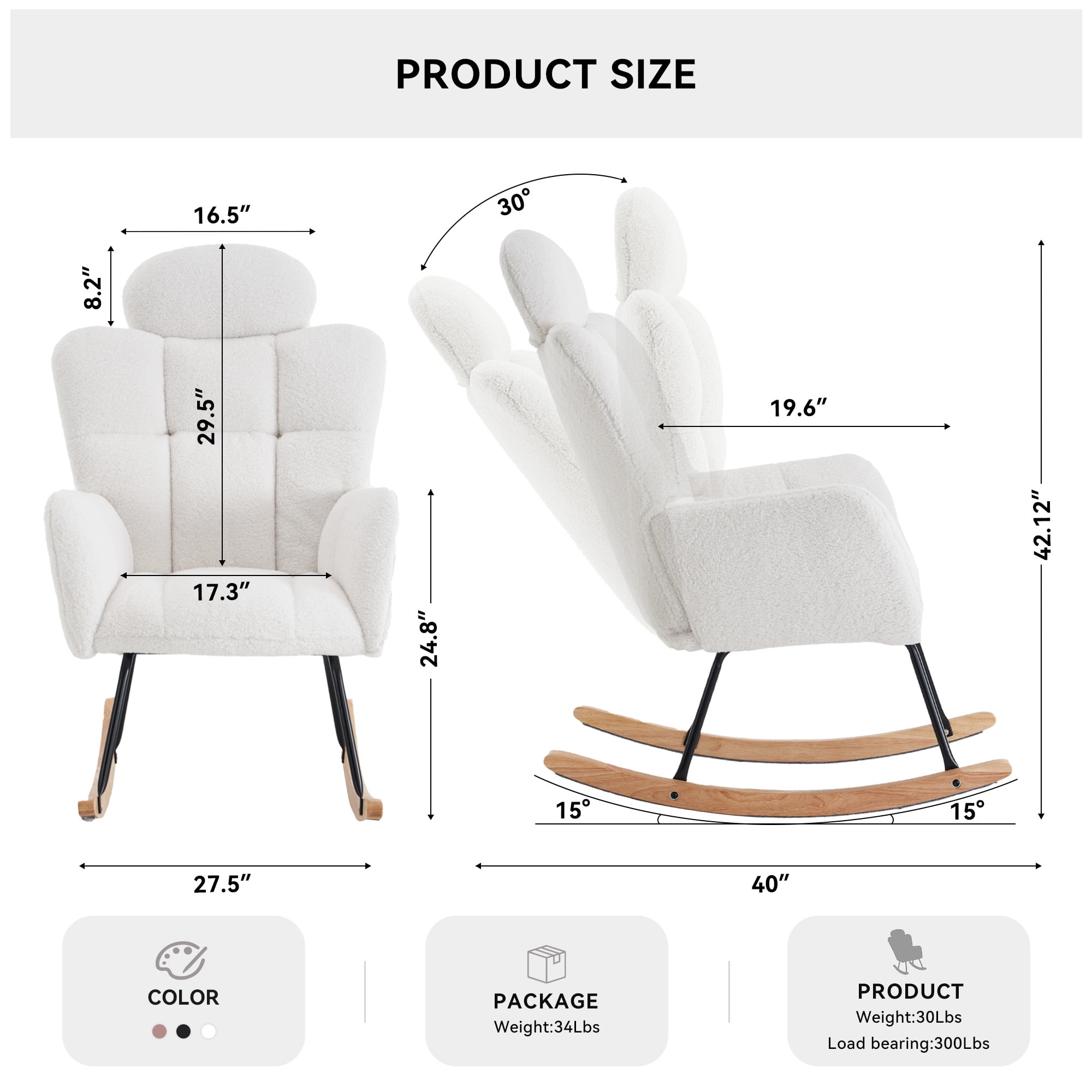Rocking Chair With Thick Headrest, Nursery Glider Comfy Accent Chair With High Backrest, Upholstered Living Room Armchair For Home Office Living Room Nursery