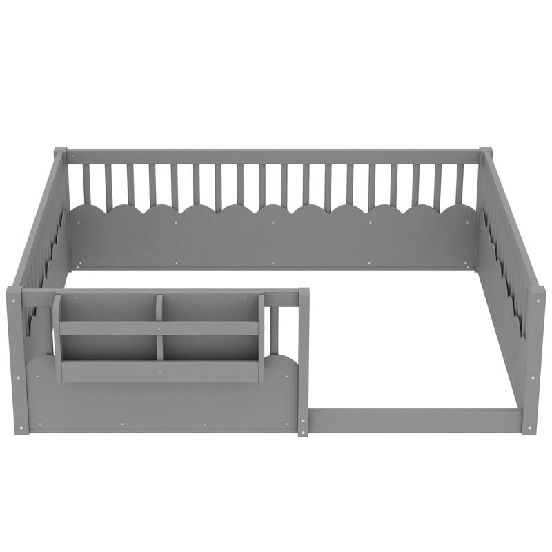 Full Size Floor Bed with Heightened Fence, Kids Platform Bed Frame with No Slat, Montessori Storage Bed with Bookshelf