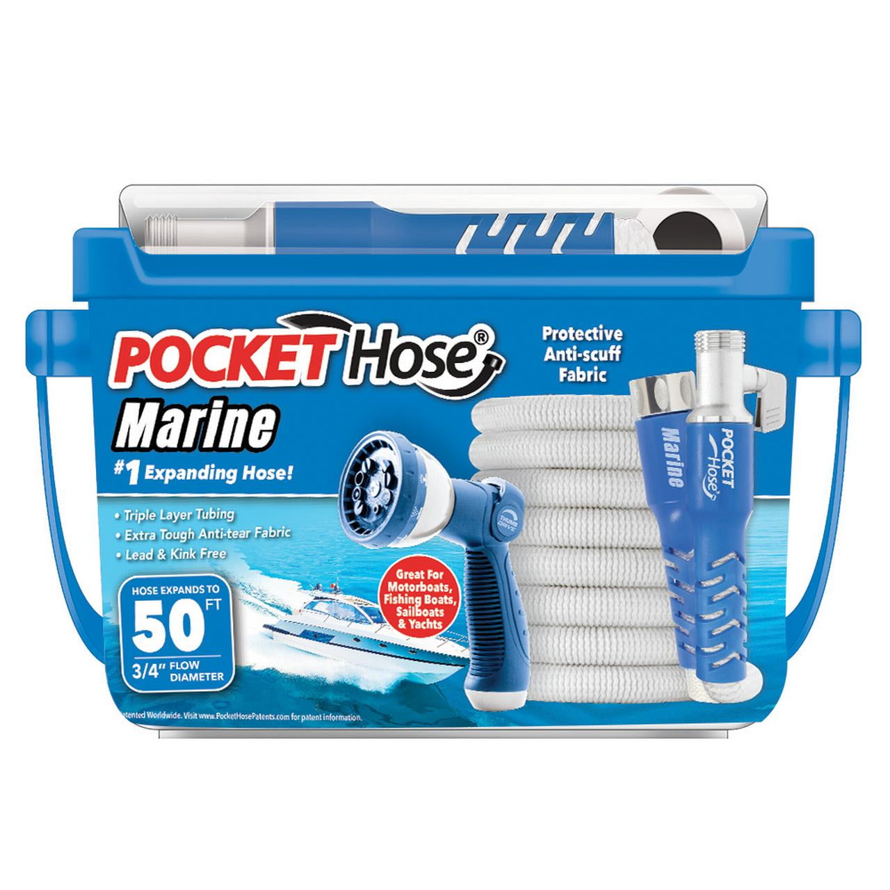 Pocket Hose Marine 3/4 in 50 ft, Medium Duty Expandable Aluminum Fittings RV Marine Hose, White