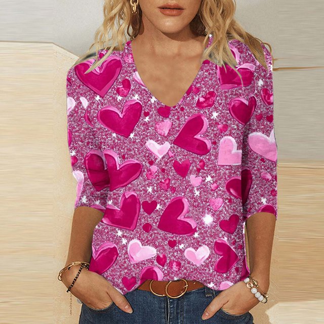TaTaai Women Loose Casual V-Neck Pullover Top Valentine's Day Random Print 3/4 Sleeve Stylish Ladies Daily Outdoor Wear No Fading Soft Comfortable High-Rated Fashion Top Gift