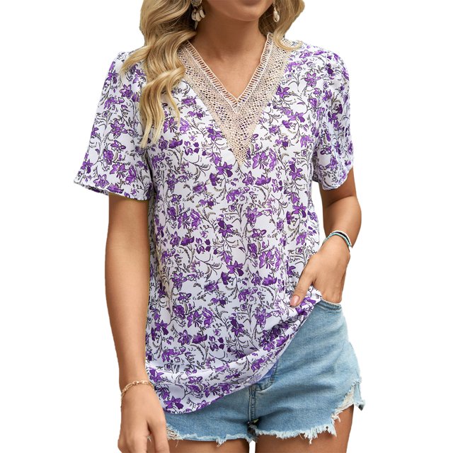 Blusa de encaje con cuello en V Blusa de guipur de corte casual de gasa de manga corta estampada Top para mujeres Citas Púrpura Amarillo XXL