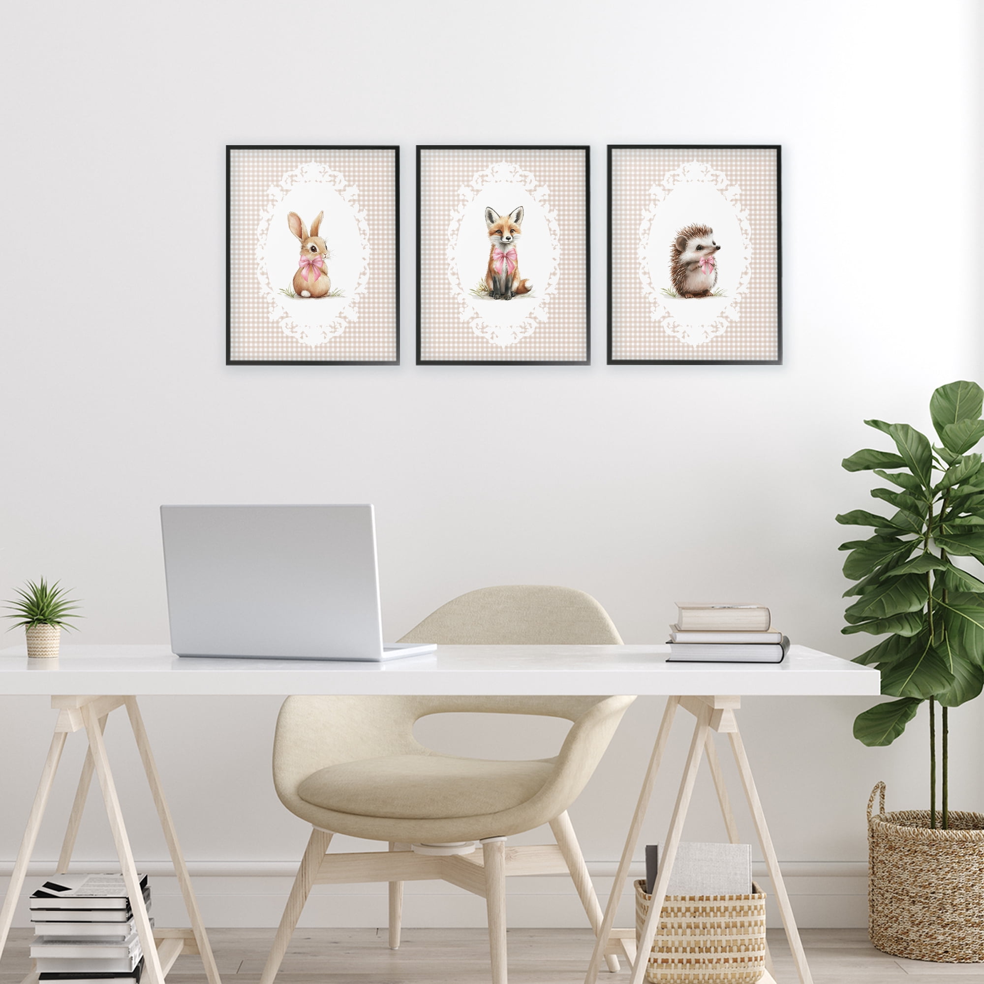 Stupell Industries Vintage Baby Bow Animals 3 Piece Black Framed Giclee Art Set, design by Christine Simpson Art