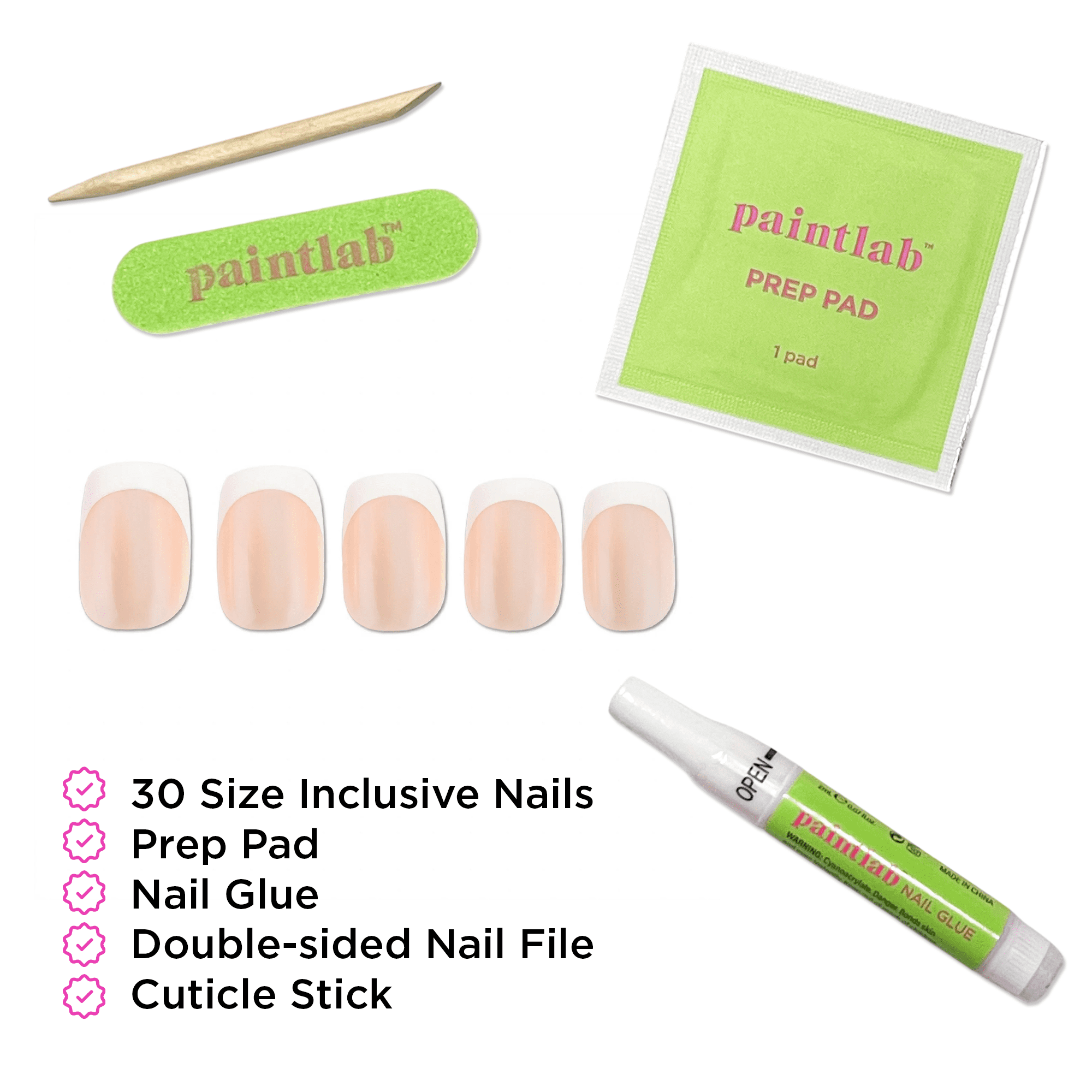 PaintLab Short Square Press On Nails, Iconic Frenchie, White French Tip, 30 Count
