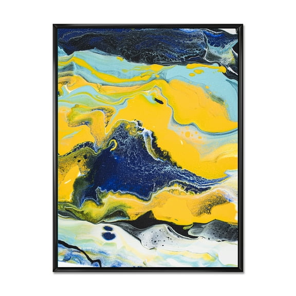 Designart 'Abstract Marble Composition In Blue and Yellow I' Modern Framed Canvas Wall Art Print