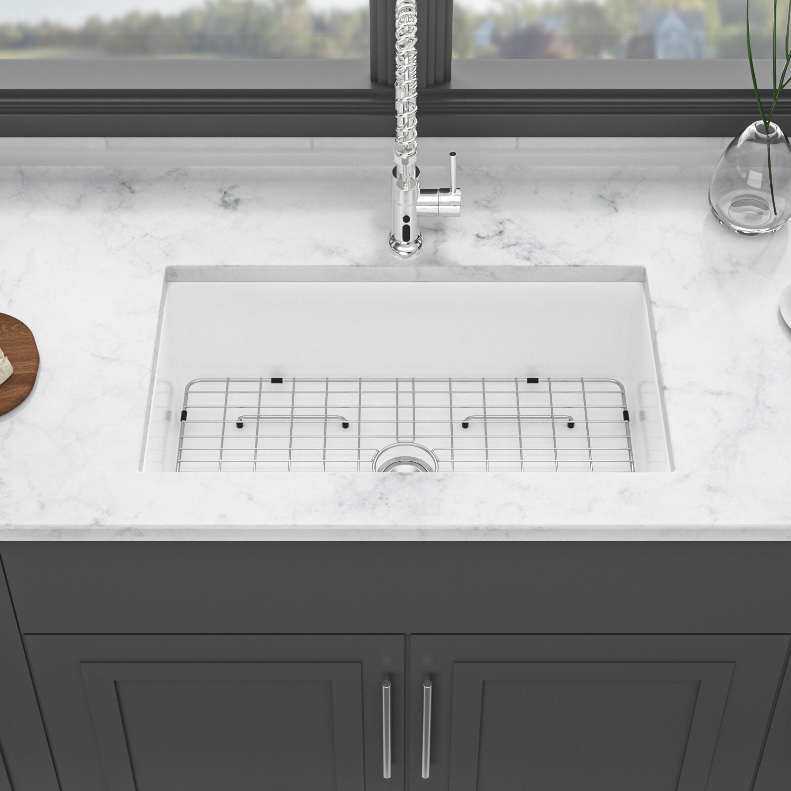 32" Undermount Single Bowl Ceramic Kitchen Sink, Dual Mount White Farmhouse Sink with 10" Depth, Includes Stainless Steel Grid & Basket Strainer