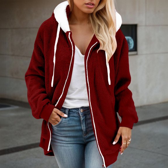 ZHOGXU Women's Hooded Coat Long Sleeve Color Block Zipper Drawstring Plush Comfortable Fashion Jacket For Casual Daily Wear Red L