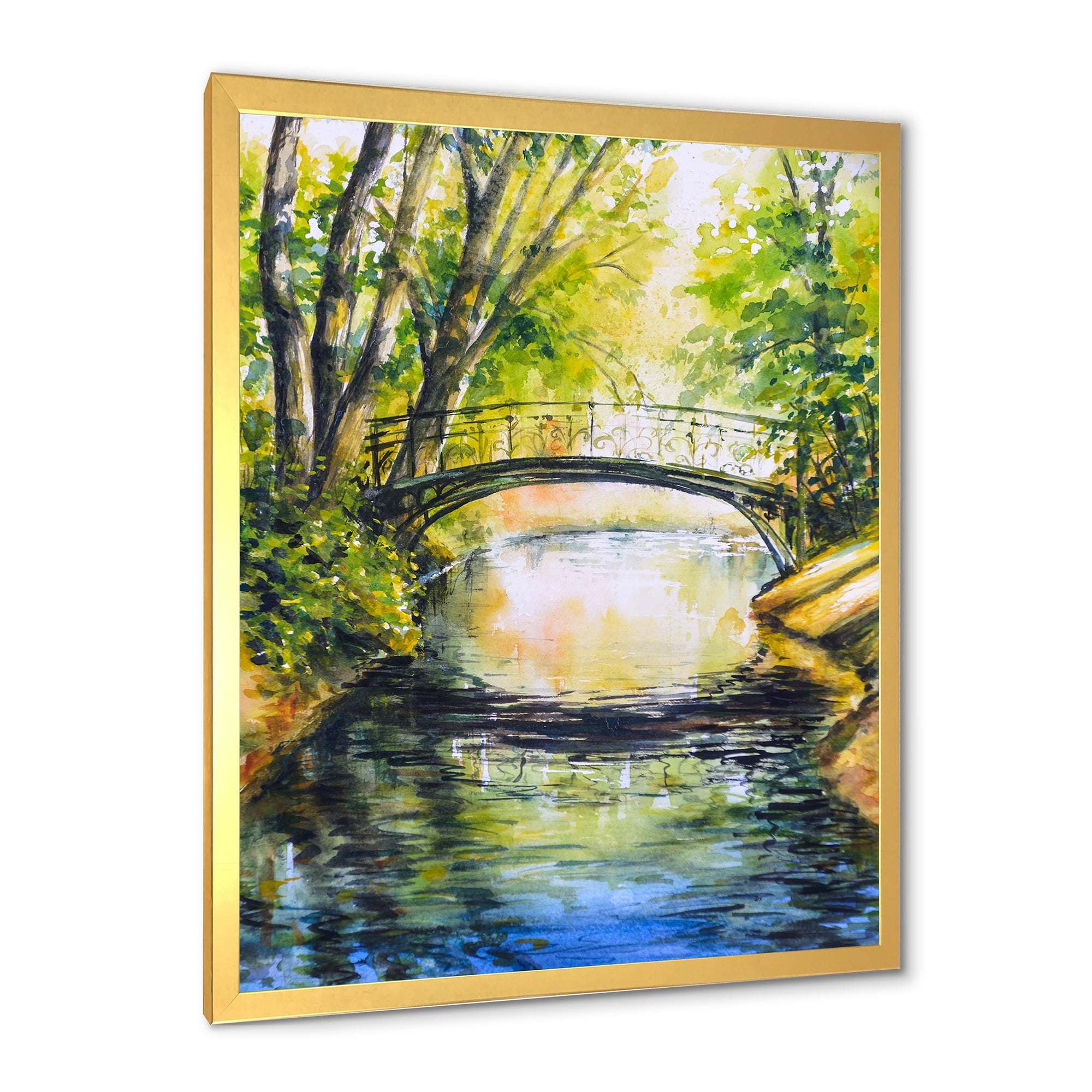 Designart 'Forest Park With Bridge Over Troubled Water' Lake House Framed Art Print