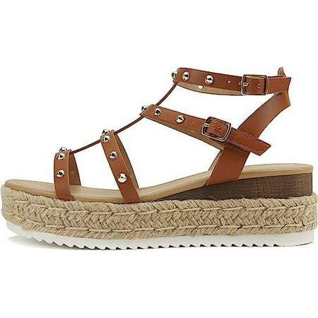 

SODA SOMEHOW ~ Women Open Toe Espadrille Wrap Flatform with Round Stud Fisherman Upper Adjustable Buckles Fashion Wedge Sandals