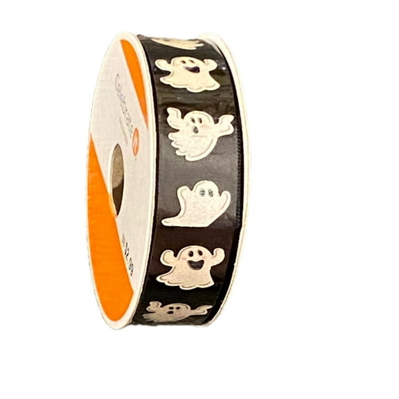 58" x 3yd. Black With white Glittery Ghosts Ribbon by Celebrate It Halloween
