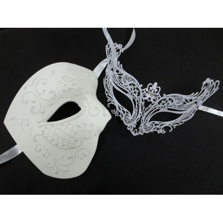 White Royal Phantom Laser Venetian Couples Man Woman Masquerade Metal Mask Set
