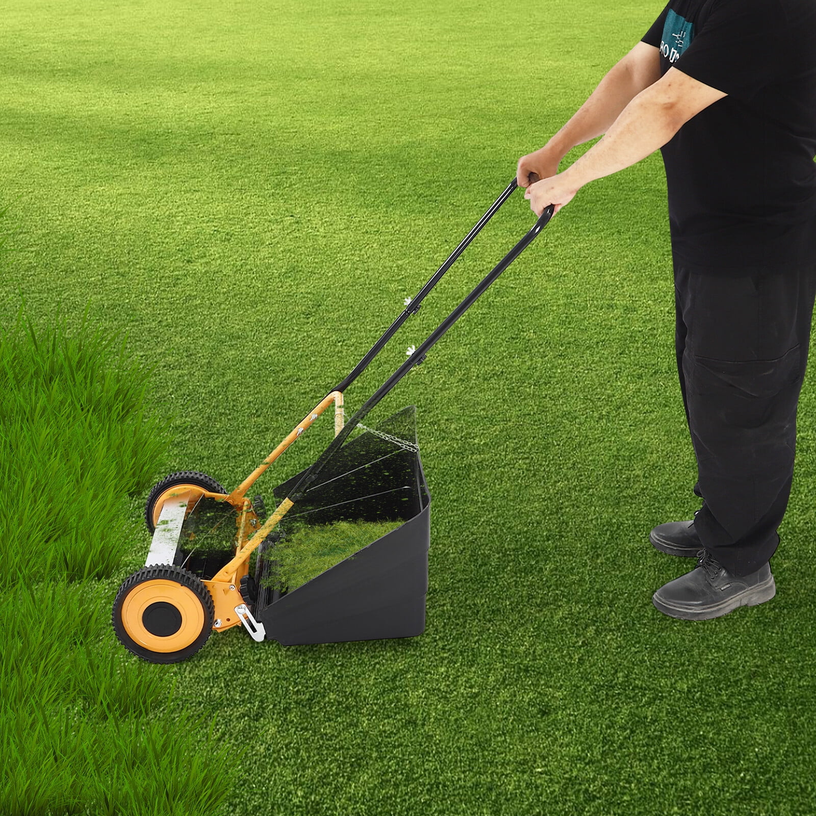 14inch 5-Blades Push Lawn Mower W/ 2 Wheels ,2 in 1 Manual Lawn Mower with Adjustable Height Lawn Mowing & Collecting for Villas, Homes, Backyards, Park Landscaping