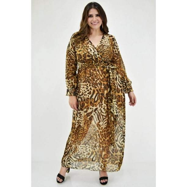 Maxi Vestido Vaporoso Tallas Extras Roman Fashion 2387 Animal Print cafe 36