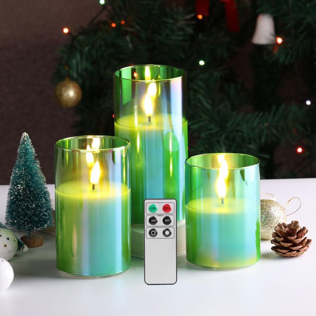 Set de 3 velas Eywamage, de cristal verde, sin llama, con mando a distancia