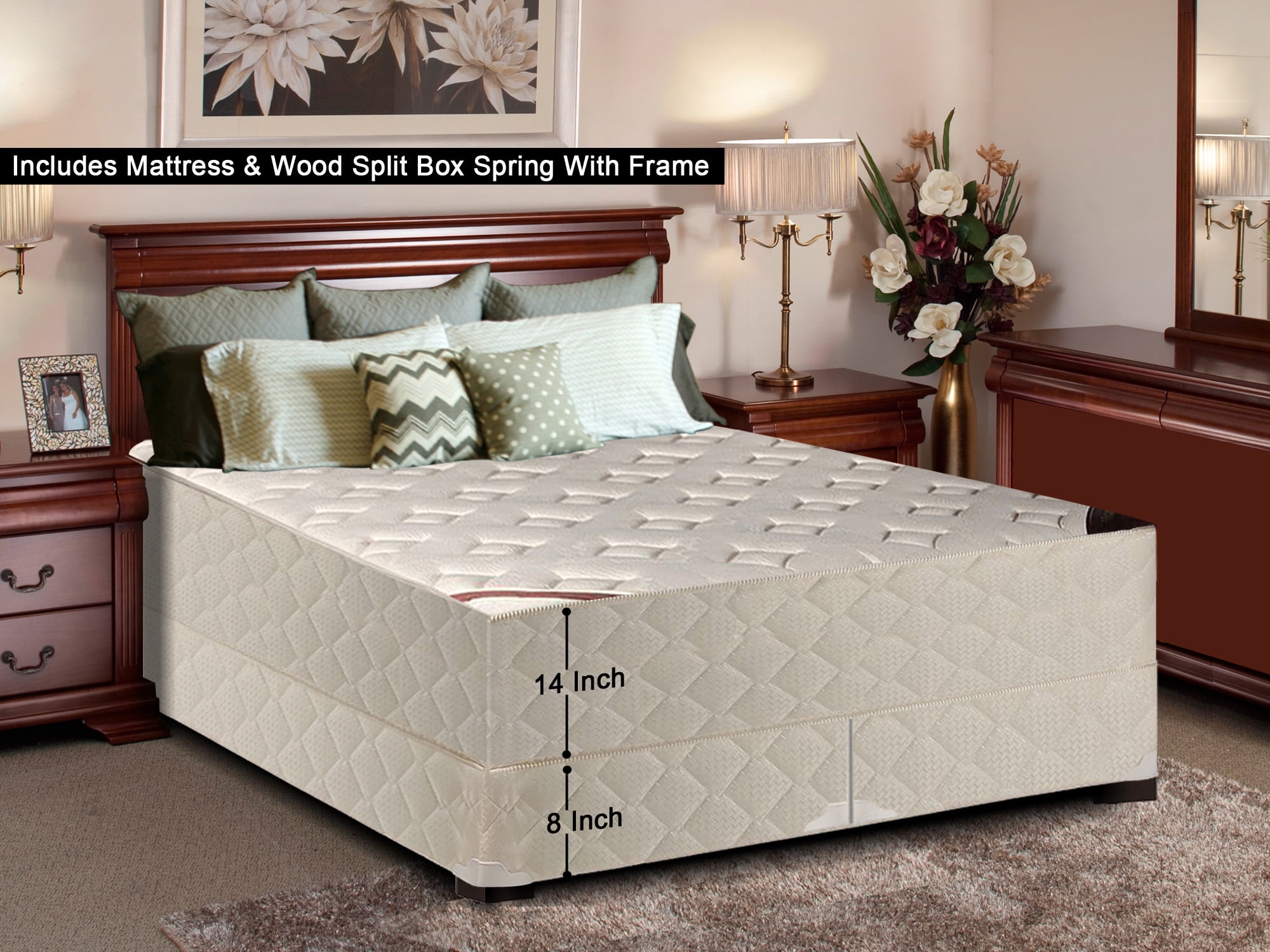 Continental Sleep, 14-Inch Firm Double sided Tight top Innerspring Mattress And 8-Inch Split Wood BoxSpring/Foundation Set With Frame, Good For The Back, Twin XL Size