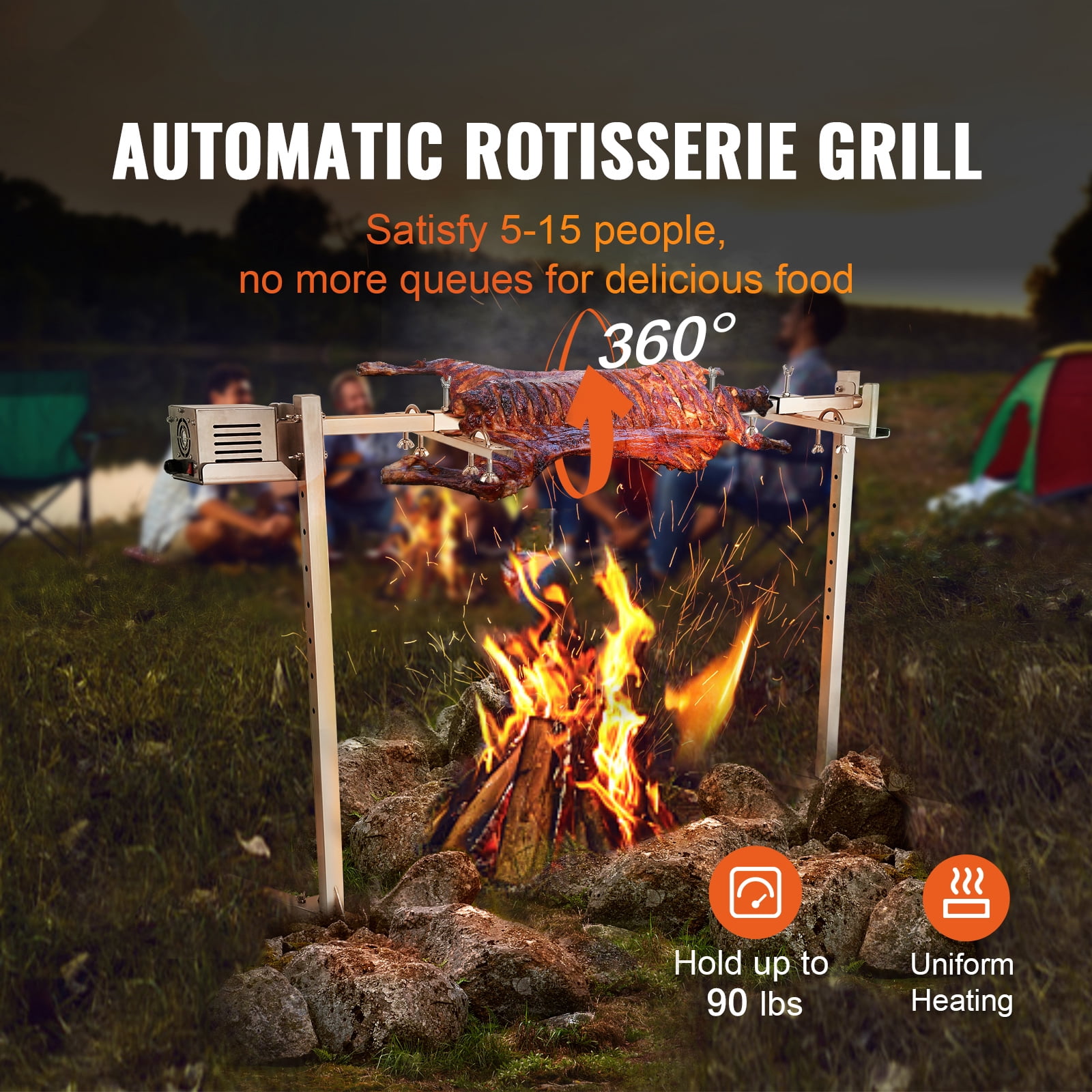 KFFKFF 42W 46 in Electric BBQ Rotisserie Grill Kit, 90lbs Capacity Heavy Duty Grilling, Height Adjustable Universal Roaster Stand, Automatic Stainless Steel Outdoor Grill Kit