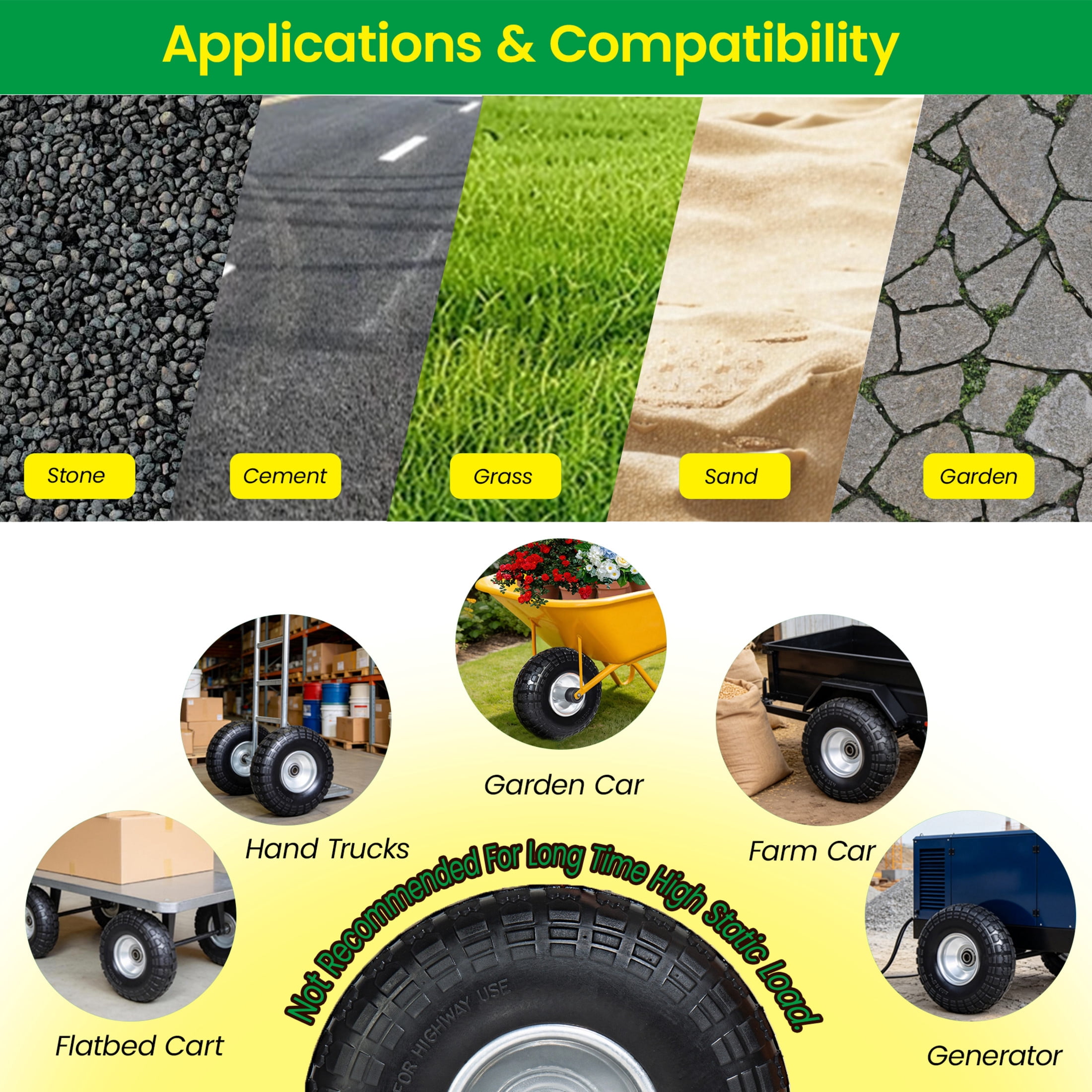Noble House 10" x 3.2" Solid Flat-Free Tire & Wheel with 5/8" Bearings, Black, Heavy Duty for Wheelbarrows, Set of 4