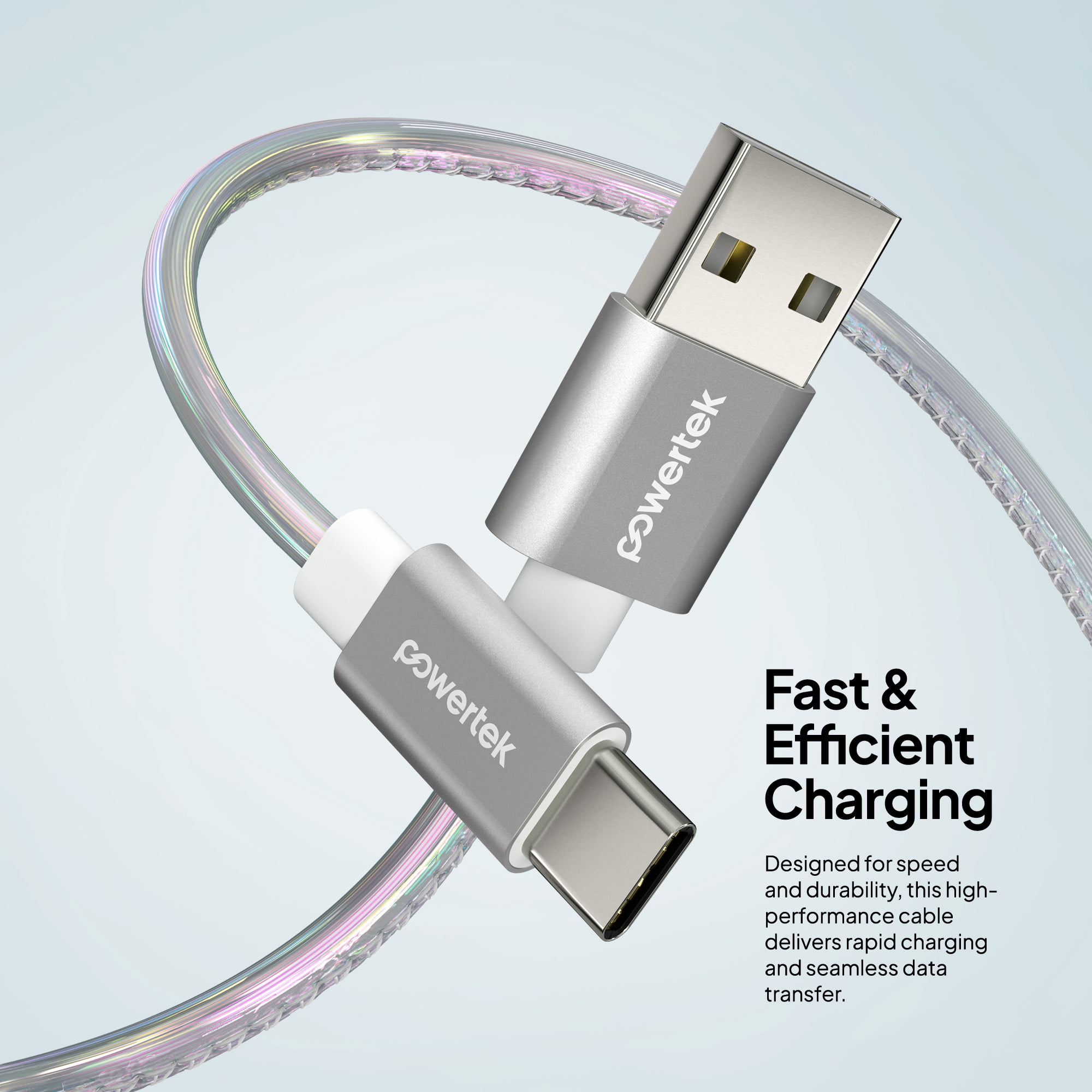 Powertek USB-A to USB-C (Type-C) Metallic Shine Pastel Charging Cable, 6 ft, Silver