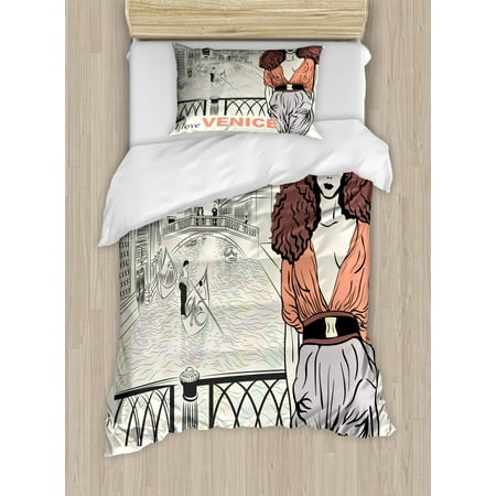 Venice Twin Size Duvet Cover Set Young Fashion Girl On Bridge