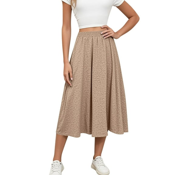 LWavelet Elastic Waist Flared Midi Skirt Women Daily Casual Comfortable Flowy Bottoms Khaki S