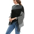thumbnail image 3 of SAYFUT Womens Pullover Poncho Sweater V Neck Striped Pullover Soft Scarf Wrap Cape with Fringes Asymmetrical Hem, 3 of 8