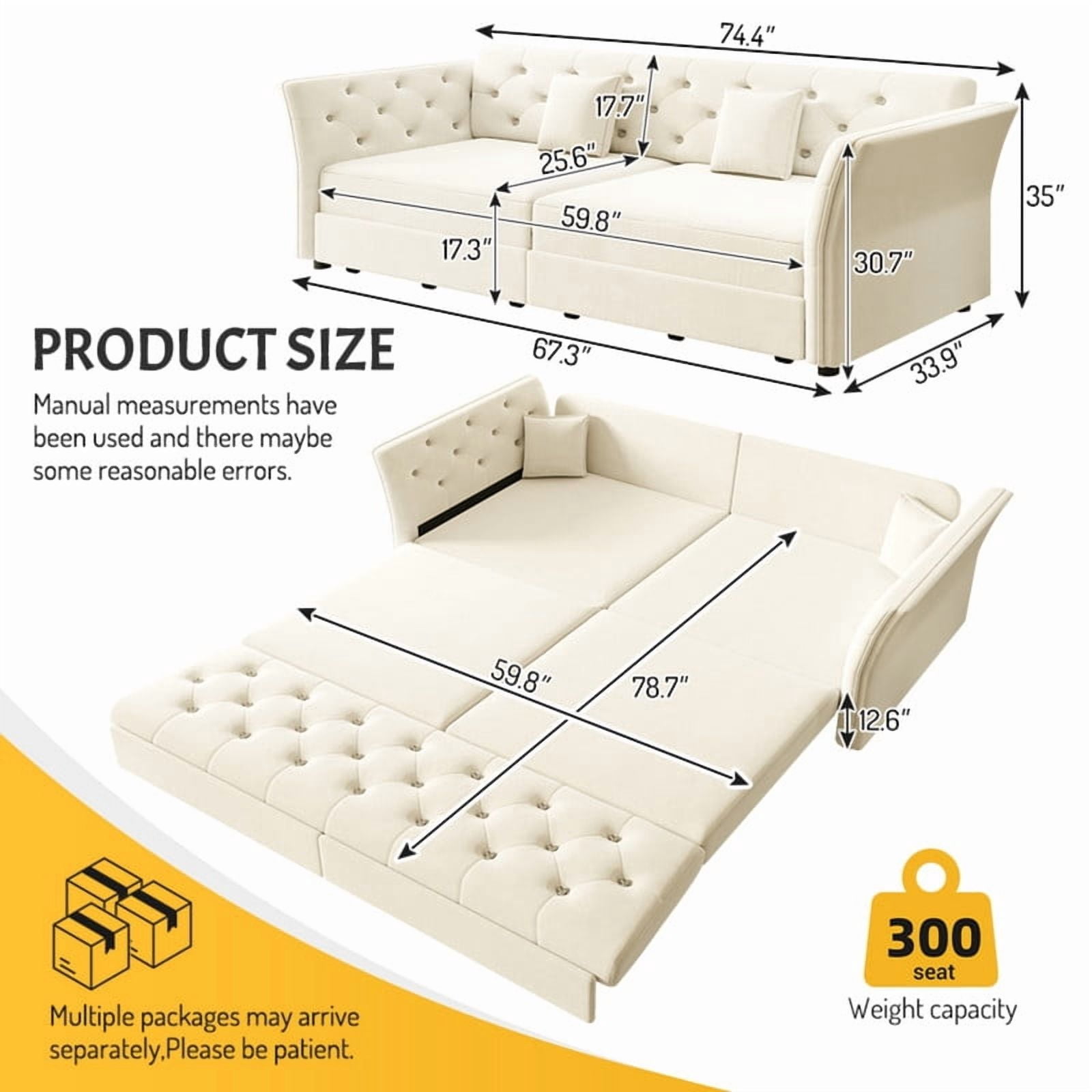 74.4"W Velvet Tufted 2-in-1 Pull Out Sofa Bed, Convertible Sleeper Sofa, Upholstered Large 3-Seater Loveseat Couch