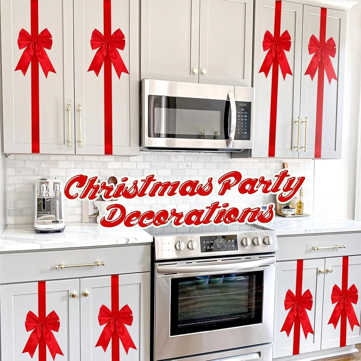 18Pcs Christmas Cabinet Door Ribbons Bows 8 x 40 Inches Large Christmas Wreath Tree Bow for Gift Xmas Cabinets Furniture Kitchen Wrapping Party Decorations (Red)