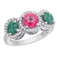 thumbnail image 1 of 14K White Gold Natural Pink Topaz & Malachite Sides Round 3-stone Ring Diamond Accents, size 6, 1 of 2