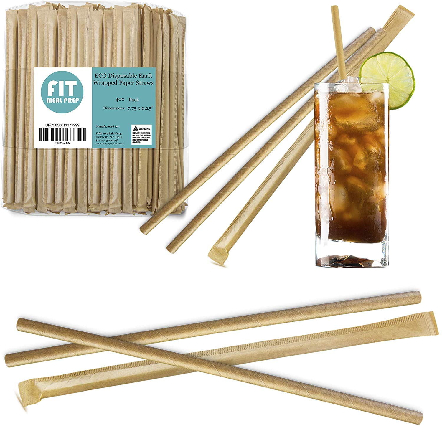 [400 Pack] Compostable Straws 7 3/4 Inch Long Kraft Paper Drinking