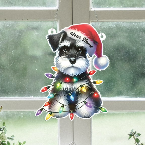 Lotusprinthandmade Personalized Name Schnauzer Dog with Christmas Light Custom Shape Window Hanging Acrylic Ornament (4x4), holiday schnauzer lovers ornament