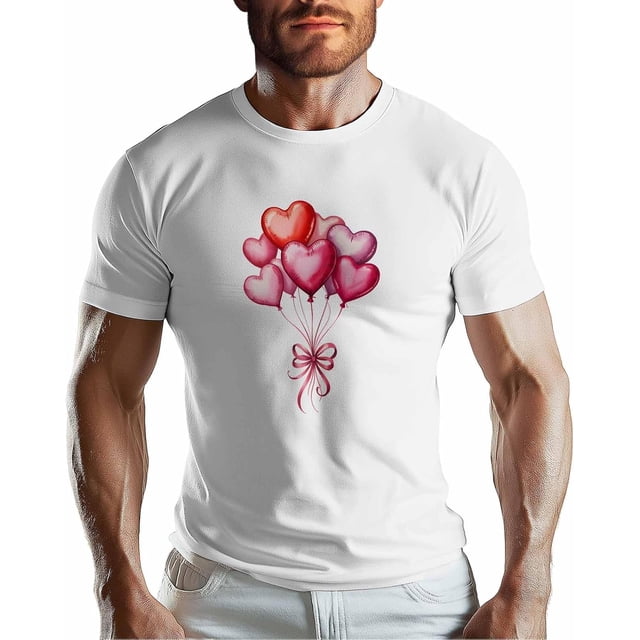 T-Shirts for Men, Love Heart Balloon Crew Neck Cotton T-Shirt Men's Short Sleeve Valentine's Day Red Pink Hearts