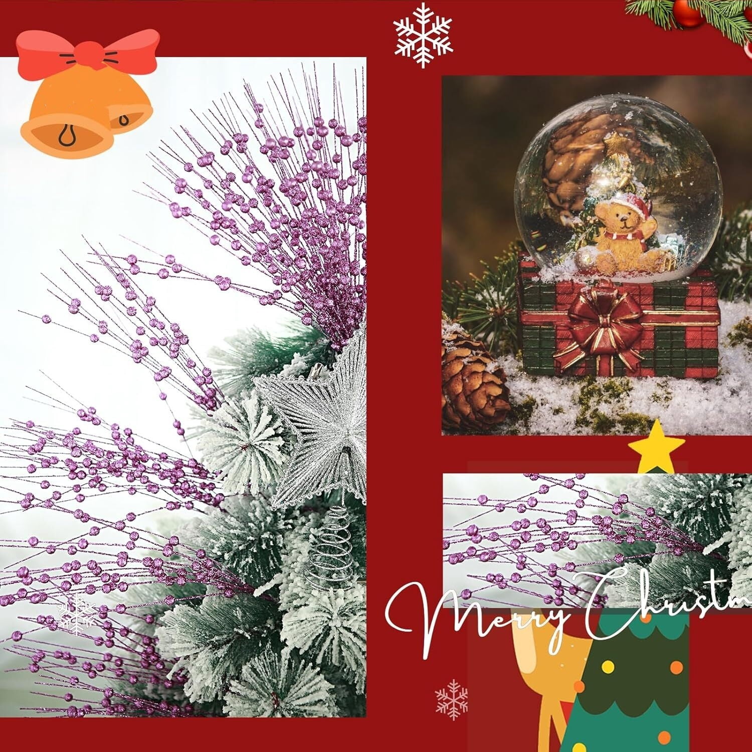 LQQBOX 30 Purple Artificial Glitter Berry Stems 19.7" Fake Christmas Picks Decorative Glitter Sticks for Christmas Tree DIY Wreath Crafts Fireplace Decor