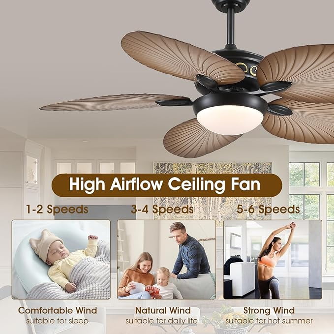 Phorus 52″ Tropical Ceiling Fan with Dimmable LED Light, Quiet Reversible DC Motor, Remote & APP Control, Adjustable Height – Indoor & Covered Outdoor Patio