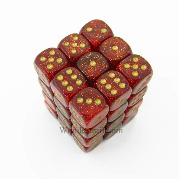 Ruby Glitter Dice with Gold Pips D6 12mm (1/2in) Pack of 36 Chessex