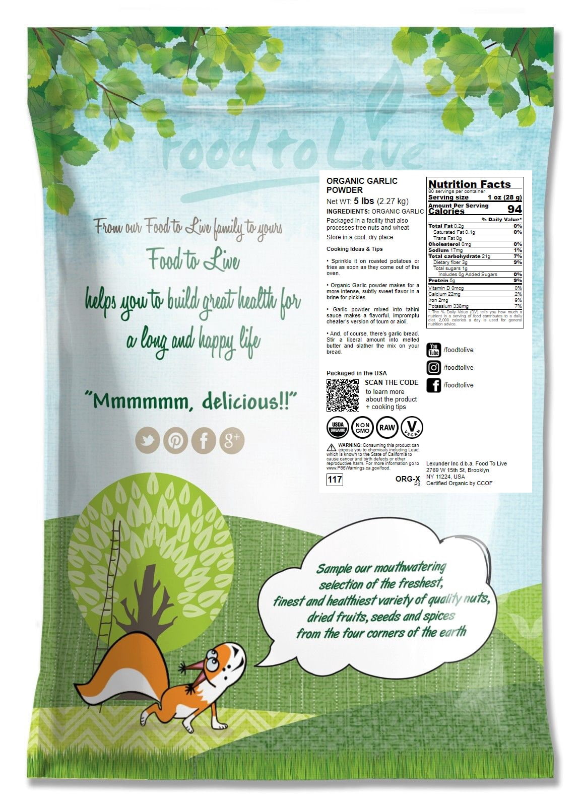 Organic Garlic Powder, 5 Pounds — Non-GMO, Raw, Vegan — by Food to Live