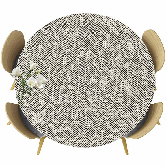 Beige Black Stripe Round Tablecloth 45-54 Inch Round Fitted Table Cloth with Elastic Edge, Modern Abstract Art Moire Striped Waterproof Table Cover Protector for Outdoor Picnic Party Dining