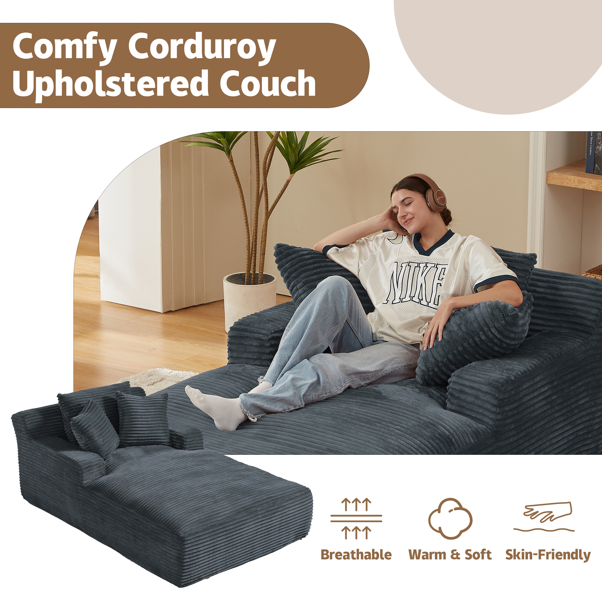 Kosynda Extra-long 79" Chaise Lounge Chair Indoor, Corduroy Upholstered Modern Sofa Couch with Pillows for Living Room, Office, No Assembly Required, Dark Gray