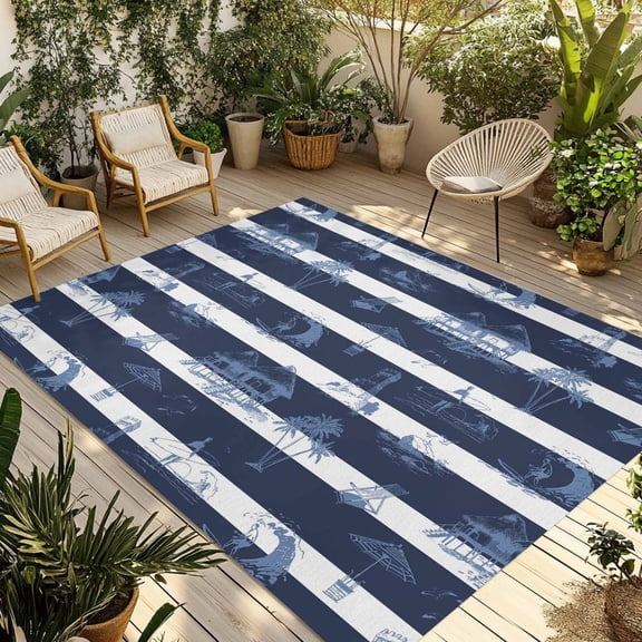 Nautical Striped Outdoor Rug for Patio/Deck/Porch, Non-Slip Large Area Rug 3 x 5 Ft, Summer Coastal Ocean Navy Blue White Indoor Outdoor Rugs Washable Area Rugs, Reversible Camping Rug Carpet Runner