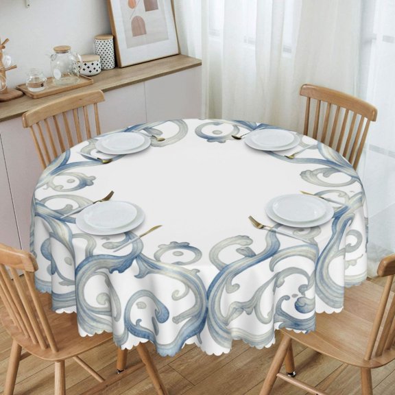 White Swirl Baroque Frame Round Tablecloth Waterproof Oil Proof Spill Proof Table Cloth 70" for Camping, Dining, Indoor and Outdoor Table Cover