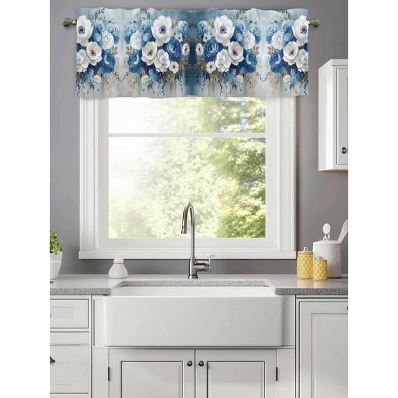 Blue Hydrangeas Floral Art Valances for Windows,Kitchen Valance Rod Pocket Short Curtain,Country White Peony Flower Valance Curtain Window Valances for Bedroom Living Room 42x12in