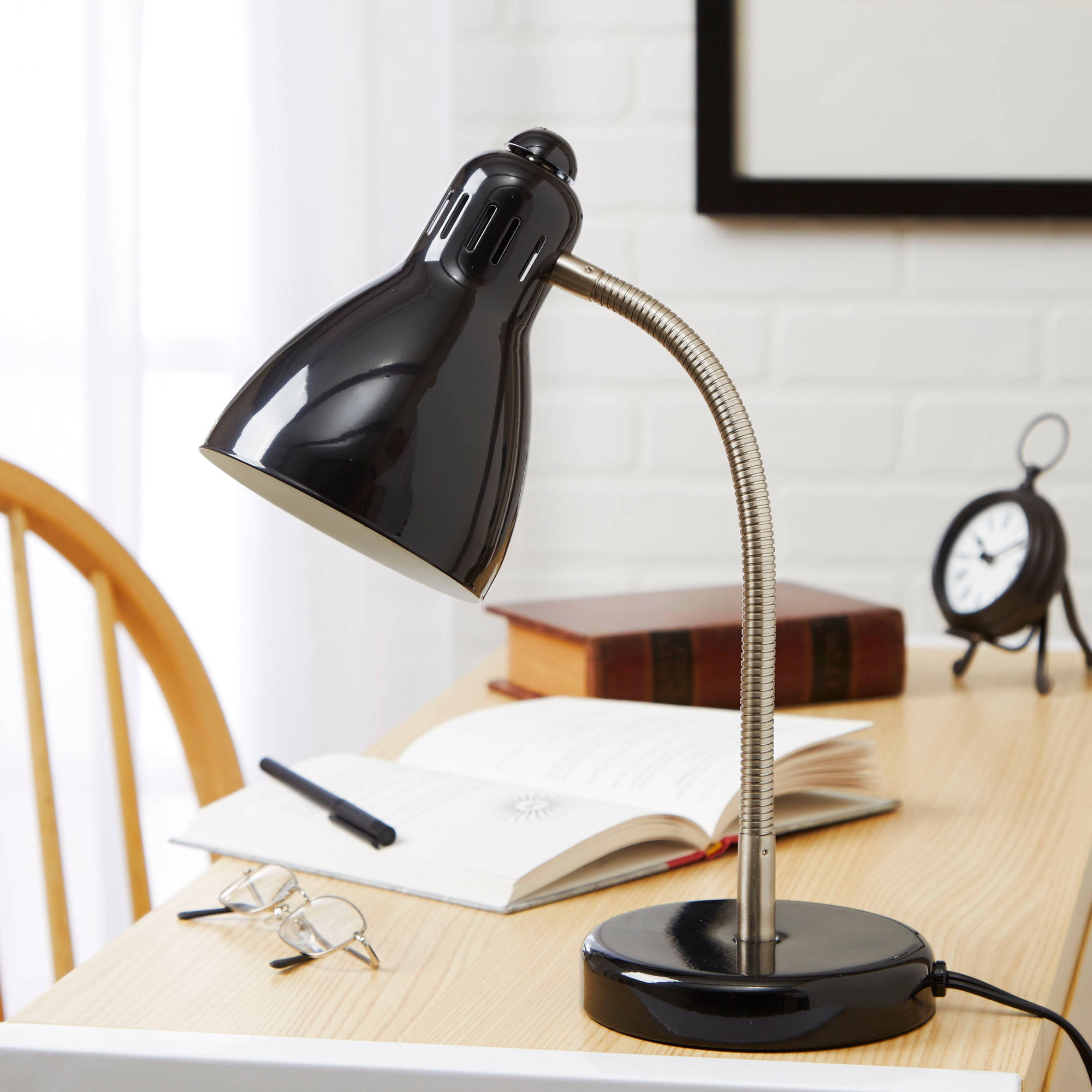 Mainstays Metal Gooseneck Desk Lamp Black CFL Bulb 