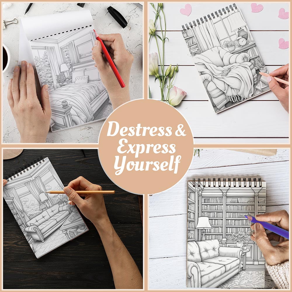 Home Sweet Home Coloring Book Spiral Bound For Adults, A5 Wooden Cover, 30 Heartwarming Coloring Pages of Family Homes and Cozy Spaces for Relaxation and Stress Relief
