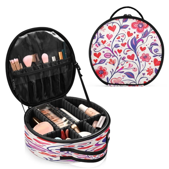 BZSMCE Makeup Bag Large Travel Cosmetic Bag with Adjustable Dividers Fashion Floral Hearts Printed