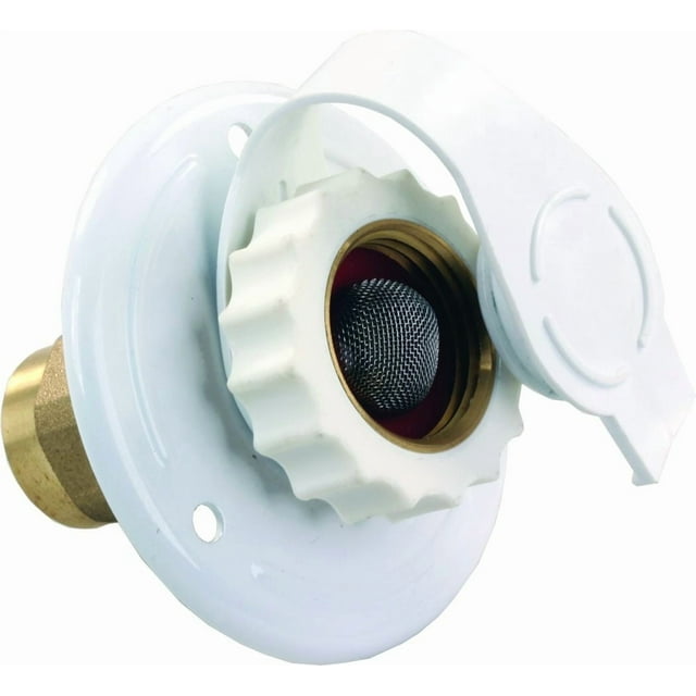 JR Fresh Water Inlet 62155 Used For RV Fresh Water System; 1-1/2 Inch Diameter Cutout Dimension; 2-7/8 Inch Diameter Outside Dimension; 1-5/8 Inch Valve Depth; With Lead Free Brass Check Valve; White
