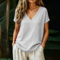 thumbnail image 2 of Admvng Womens Gingham Plaid V Neck Tunic Tops Short Sleeve Casual Checkered Tees, 2 of 7