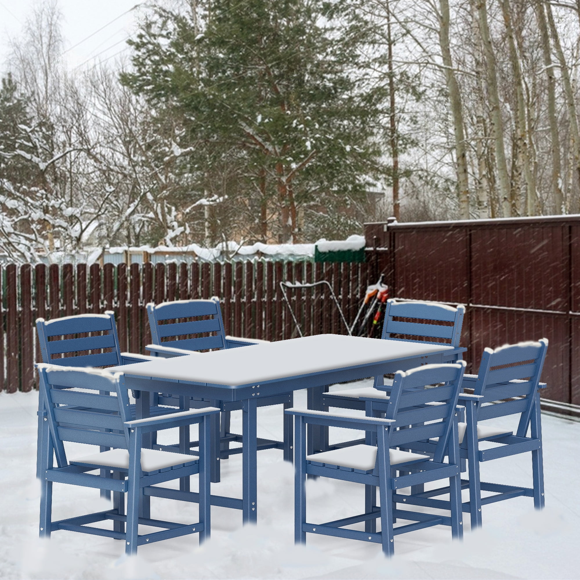FOOWIN 7-Piece Patio Dining Set, HDPE All-Weather Outdoor Furniture with 6 Chairs and 1 Table, Blue